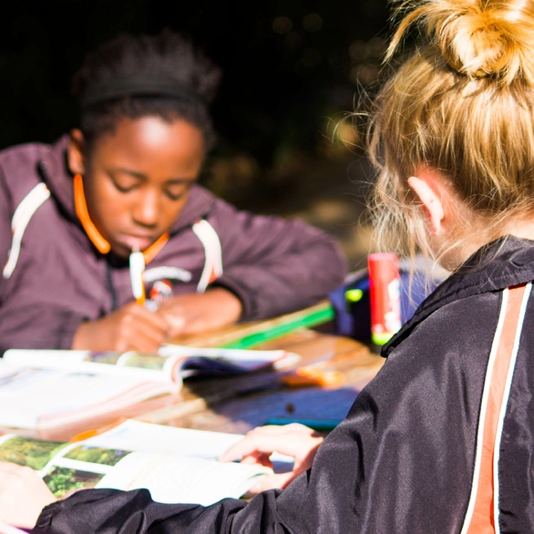 Grade 6 learners sitting together at a table, focused on their tasks and interacting with one another.