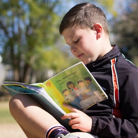 A young boy sits outside, engrossed in reading a book under the warm sunlight, surrounded by nature.